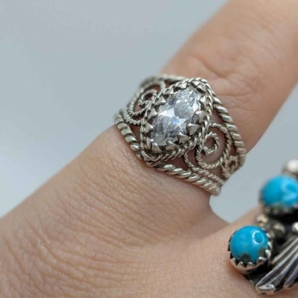 Vintage Clear Marquise Stone Filigree Style Sterling Silver Ring Size 5 3/4
